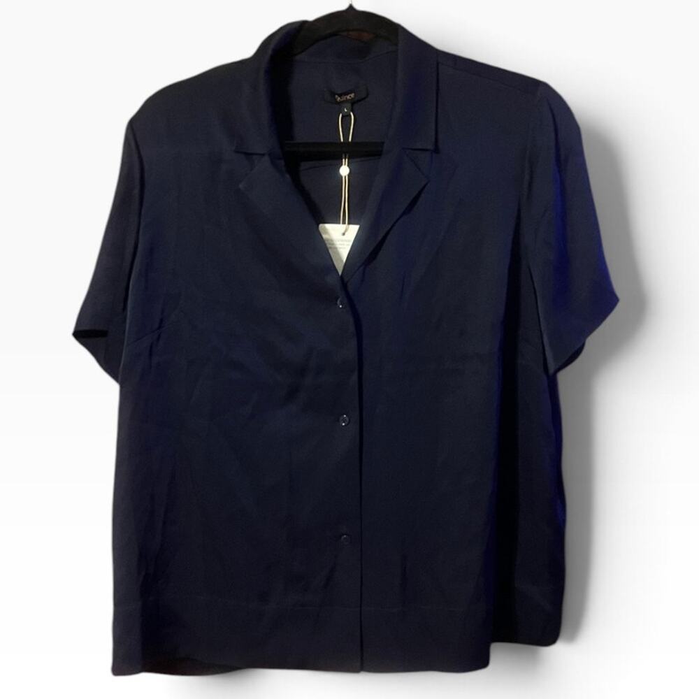 Quince Washable Stretch Silk short Sleeve Notch Collar Blouse Navy Blue Sz L NWT